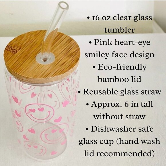 Pink Smiley Face Glass Tumbler 16 oz with Hearts Bamboo Lid and Glass Straw - Picture 8 of 10